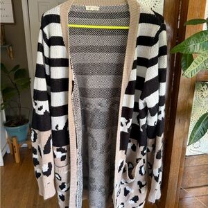 Elegant Black and Cream Striped Cardigan